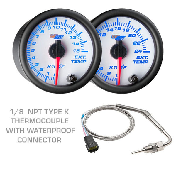 GlowShift White Color 2400 F Pyrometer Exhaust Gas Temperature EGT Gauge Kit Includes Type K Probe White Dial Clear Lens for Car  Truck - 1
